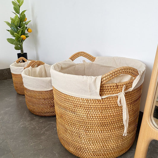 Handwoven Rattan Round Storage Basket with Handles