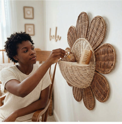 Handwoven Rattan Sunburst Wall Hanging Basket
