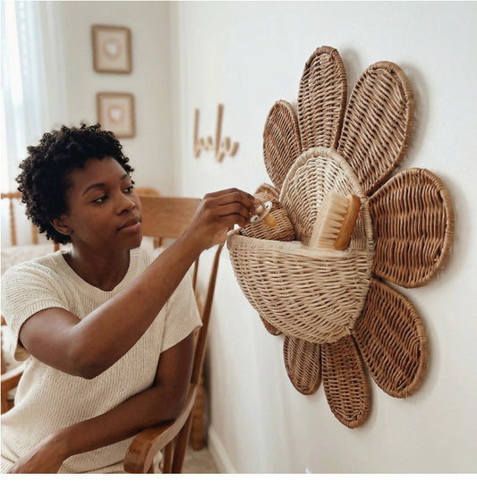 Handwoven Rattan Sunburst Wall Hanging Basket