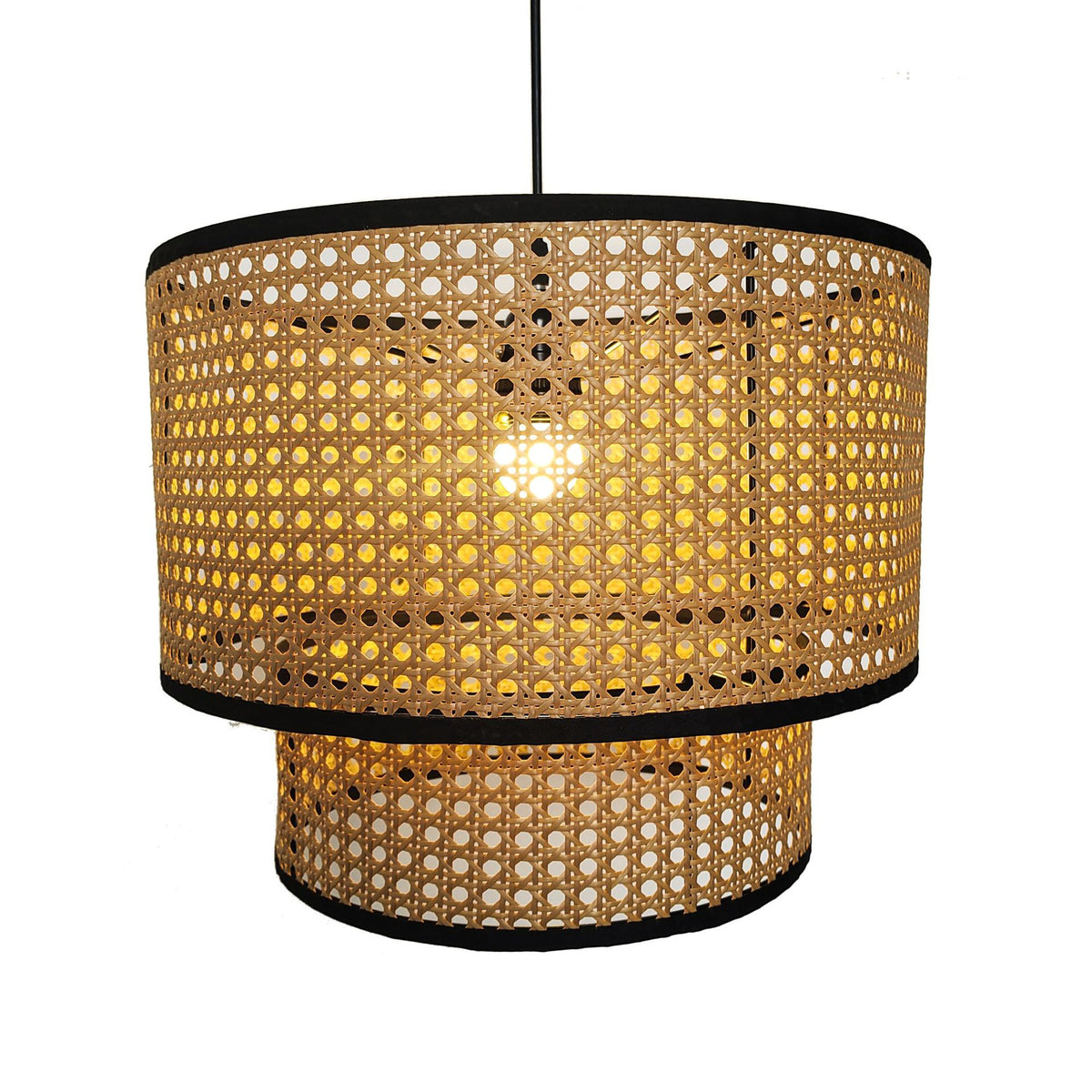 Double-Layer Rattan Pendant Lampshade with Black Frame