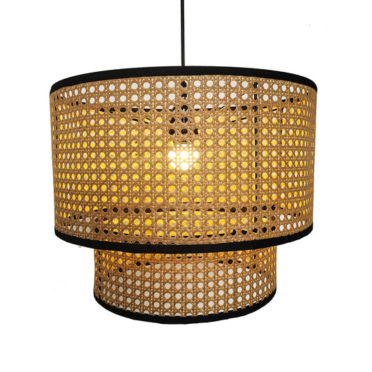 Double-Layer Rattan Pendant Lampshade with Black Frame