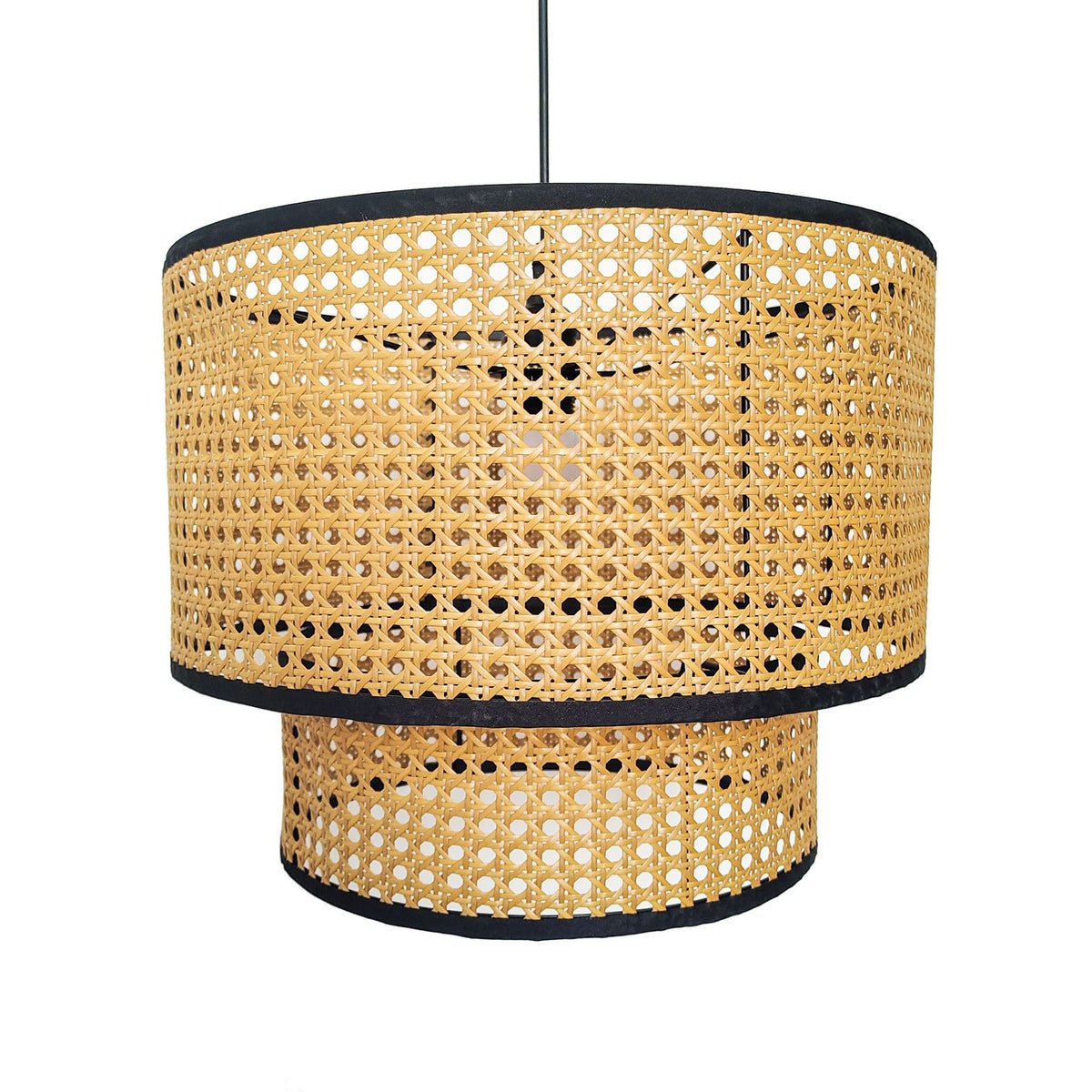 Double-Layer Rattan Pendant Lampshade with Black Frame