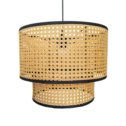 Double-Layer Rattan Pendant Lampshade with Black Frame