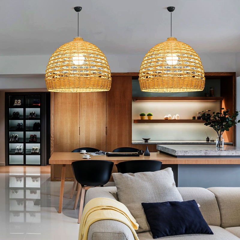 Handwoven Cross-Woven Rattan Dome Pendant Lampshade