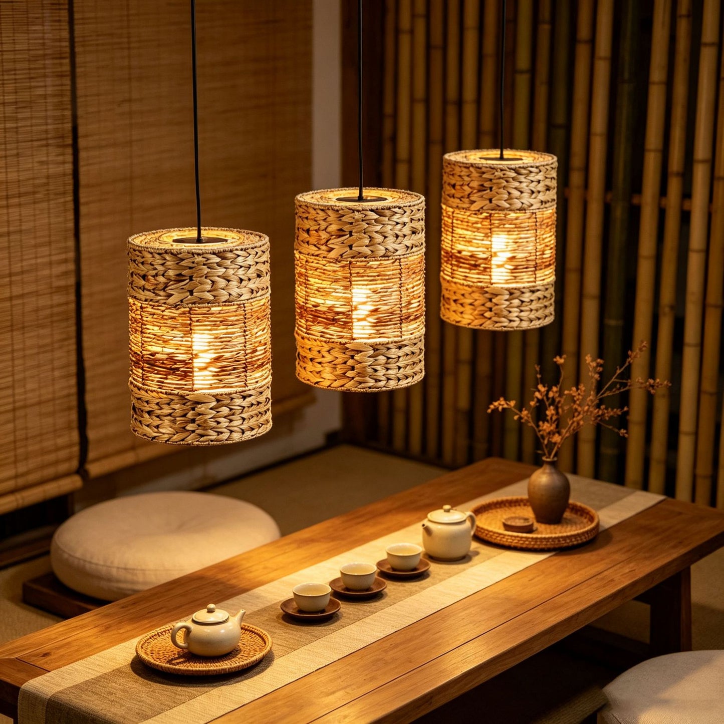 Handwoven Water Hyacinth Cylinder Pendant Lampshades