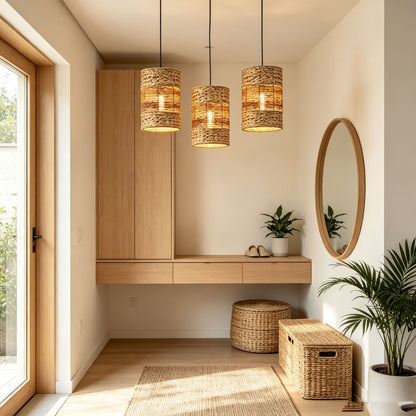 Handwoven Water Hyacinth Cylinder Pendant Lampshades