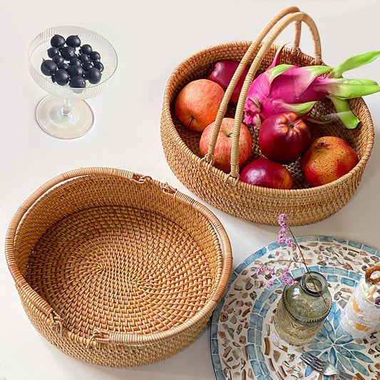 Handwoven Rattan Fruit and Picnic Basket with Handles