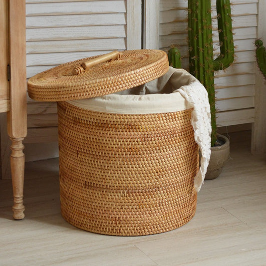 Handwoven Rattan Round Storage Basket with Handles