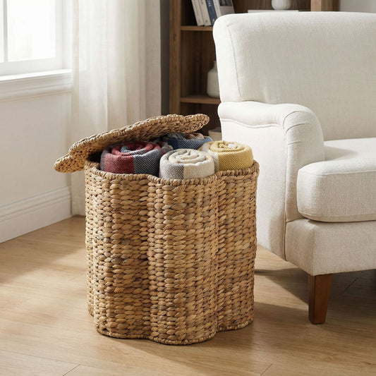 Handwoven Water Hyacinth Laundry Hamper with Lid