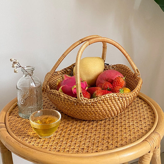 Handwoven Rattan Market Basket with Handle