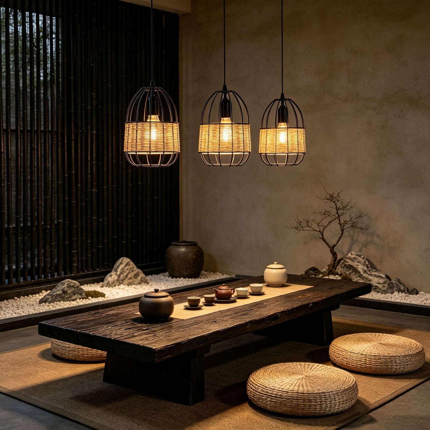 Rattan and Iron Birdcage Pendant Lampshade
