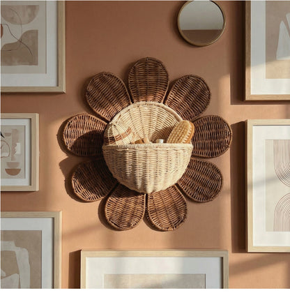 Handwoven Rattan Sunburst Wall Hanging Basket