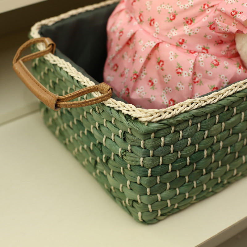 Corn Husk Rectangular Storage Basket with Lining