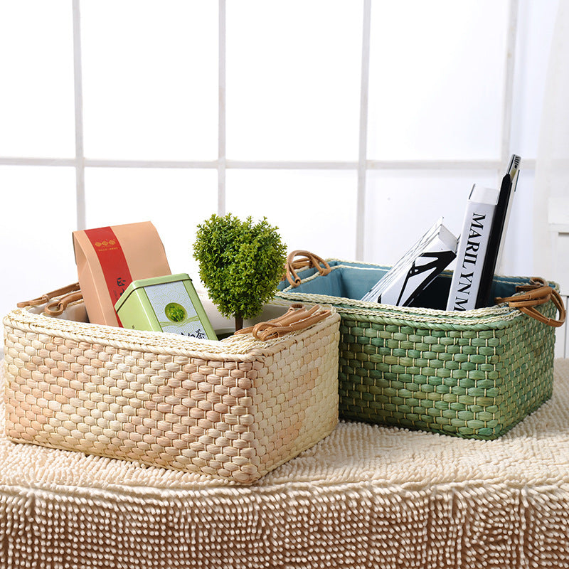 Corn Husk Rectangular Storage Basket with Lining