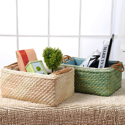 Corn Husk Rectangular Storage Basket with Lining