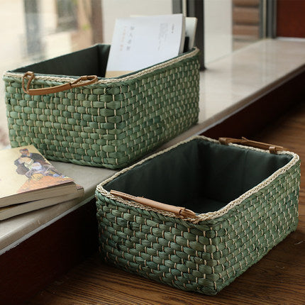 Corn Husk Rectangular Storage Basket with Lining