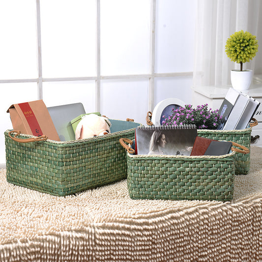Corn Husk Rectangular Storage Basket with Lining