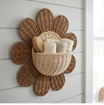 Handwoven Rattan Sunburst Wall Hanging Basket