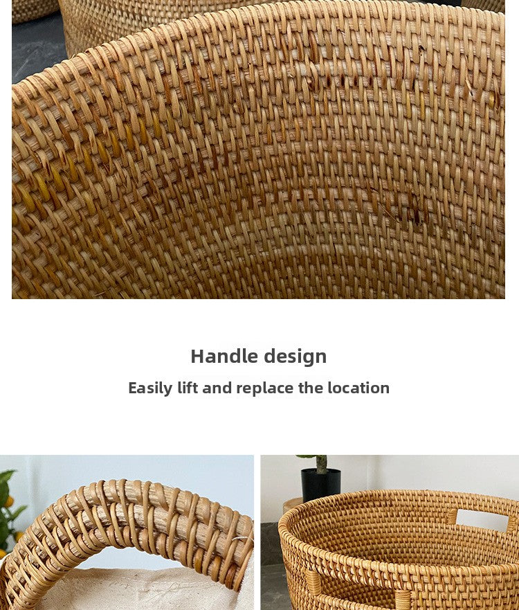 Handwoven Rattan Round Storage Basket with Handles