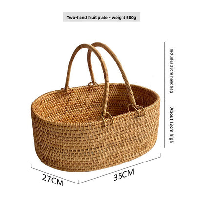 Handwoven Rattan Fruit and Picnic Basket with Handles