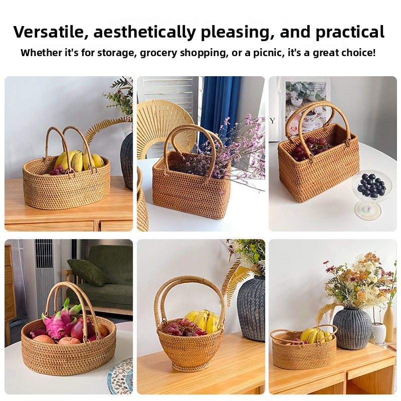 Handwoven Rattan Fruit and Picnic Basket with Handles