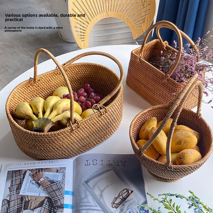 Handwoven Rattan Fruit and Picnic Basket with Handles