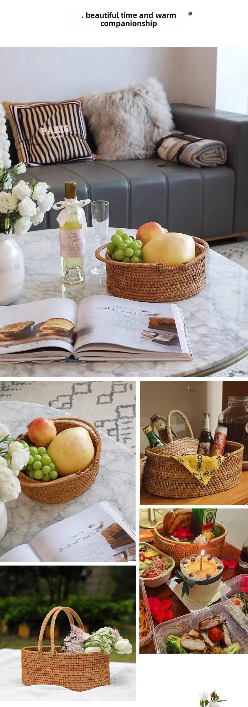 Handwoven Rattan Fruit and Picnic Basket with Handles