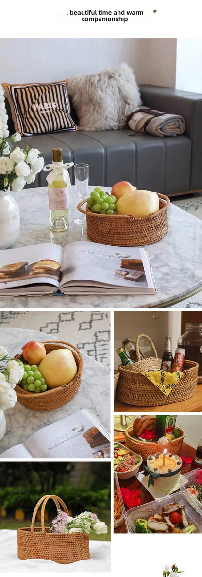 Handwoven Rattan Fruit and Picnic Basket with Handles