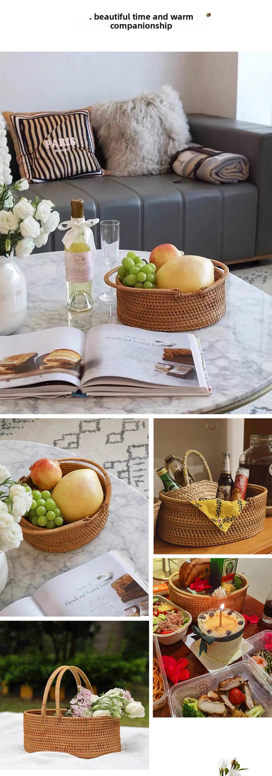 Handwoven Rattan Fruit and Picnic Basket with Handles