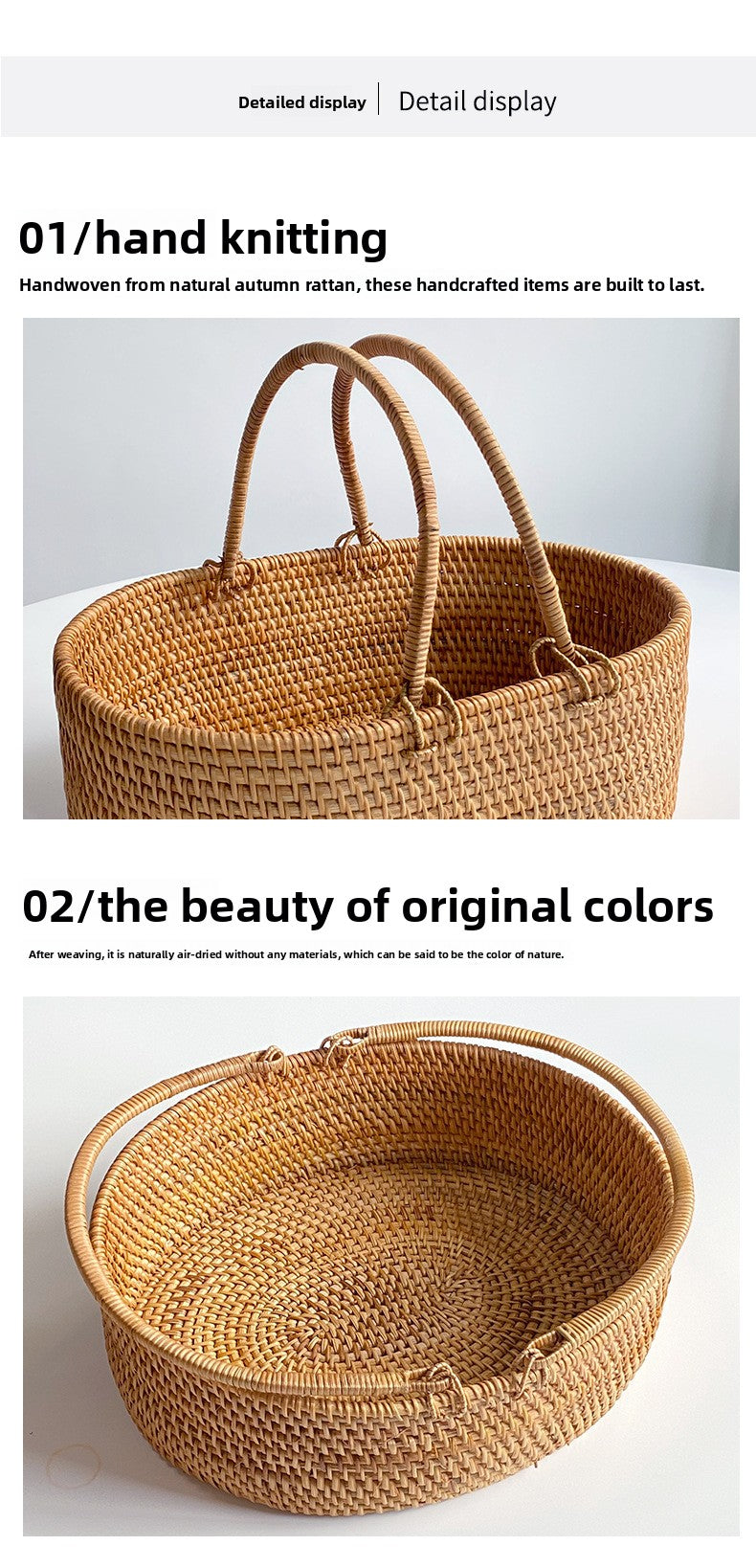 Handwoven Rattan Fruit and Picnic Basket with Handles