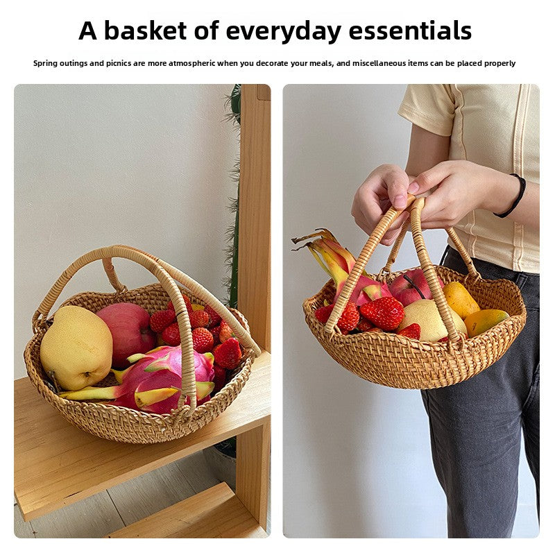 Handwoven Rattan Market Basket with Handle