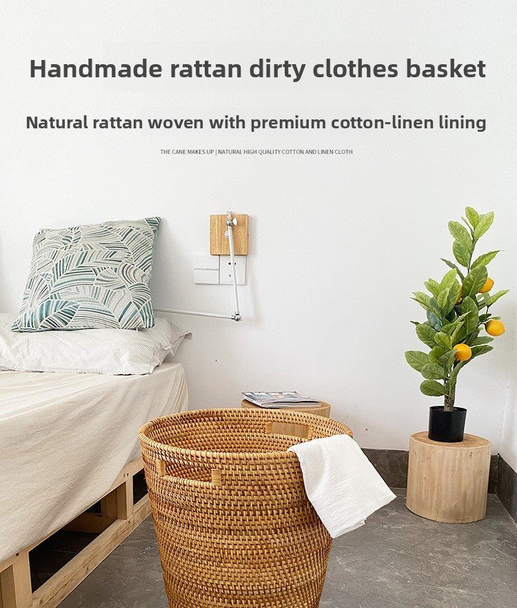 Handwoven Rattan Round Storage Basket with Handles