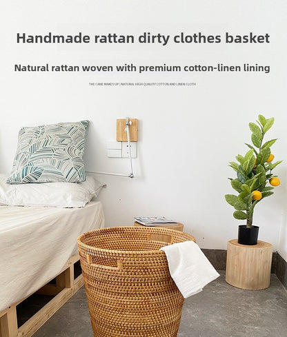Handwoven Rattan Round Storage Basket with Handles